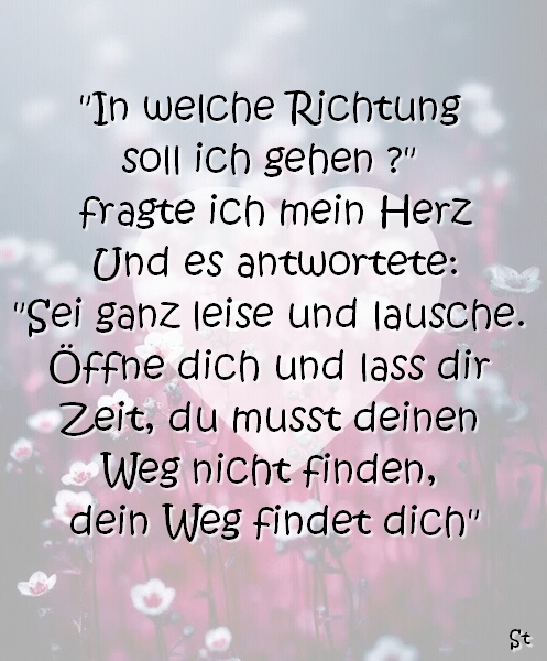 "In welche Richtung soll ich gehen ?" fragte ich mein Herz Und es antwortete: "Sei ganz leise und lausche. Öffne dich und lass dir Zeit, du musst deinen Weg nicht finden, dein Weg findet dich"