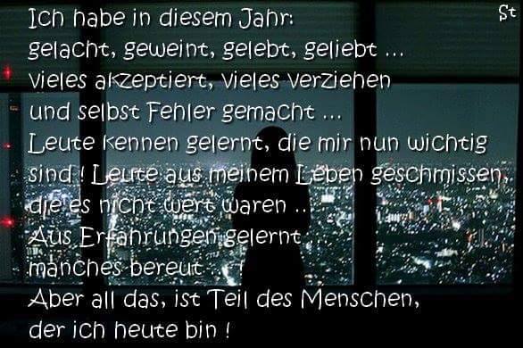 Ich habe in diesem Jahr : Gelacht, geweint, gelebt und geliebt... Vieles akzeptiert, Vieles verziehen und selbst Fehler gemacht... Leute kennengelernt, die mir nun wichtig sind, aber auch Leute aus meinem Leben geschmissen, die es nicht wert waren. Aus Erfahrungen gelernt und auch Manches bereut. Aber all das, ist Teil des Menschen, der ich heute bin.