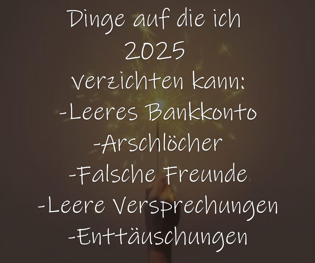 Dinge auf die ich 2025 verzichten kann:
-Leeres Bankkonto
-Arschlöcher
-Falsche Freunde
-Leere Versprechungen
-Enttäuschungen